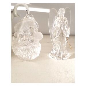 Vintage Santa Claus and Angel Clear Plastic Tree Ornaments set of 2
